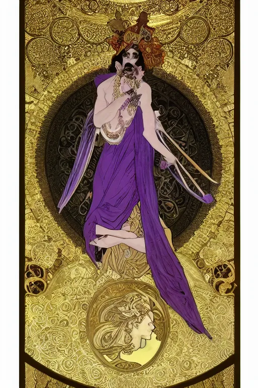 Image similar to thanatos, beautiful male god of death, closed eyes, long hair, wearing ornate silk and lace clothes, gold jewelry, moon, purple feathers, by Alphonse Mucha, rule of thirds, super detailed, 8k