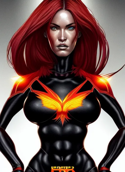 Image similar to symmetry!! gantz portrait of megan fox as a dark phoenix, unholy, intricate, highly detailed, dynamic lighting, digital art, digital painting, artstation, terence nielsen, sharp focus, illustration, art by artgerm and greg rutkowski and moebius, 8 k