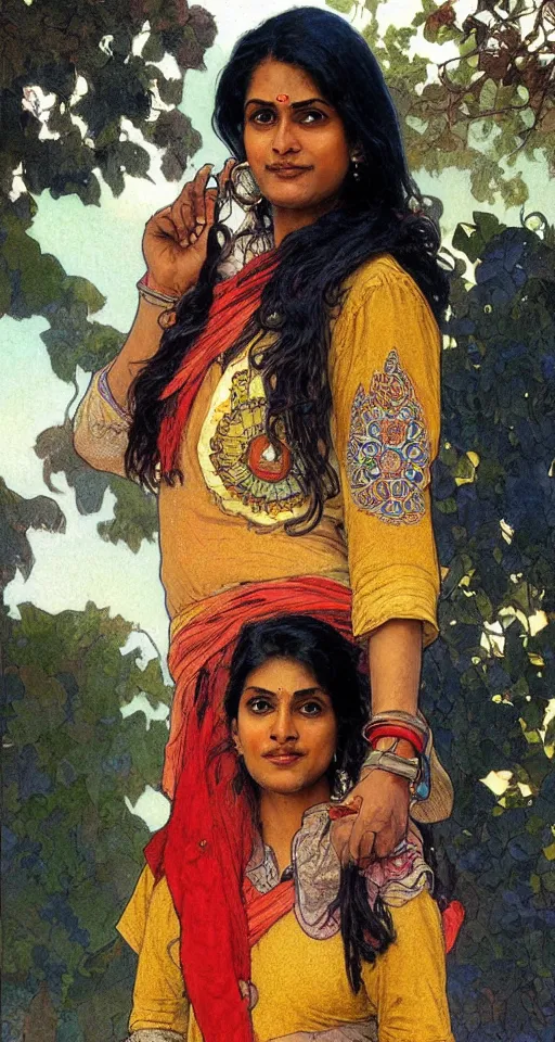 Image similar to close up a beautiful Indian doctor wearing jeans and a shirt in Texas in 2022, sun shining, photo realistic illustration by greg rutkowski, thomas kindkade, alphonse mucha, loish, norman rockwell.