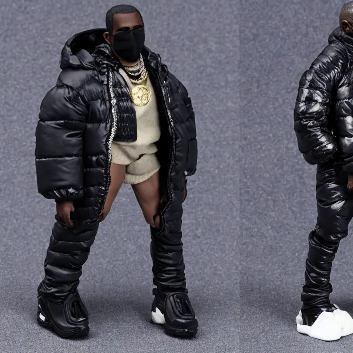 Image similar to a action figure of kanye west using a full face covering black mask, a small, tight, undersized reflective bright blue round puffer jacket made of nylon and big black balenciaga rubber boots, figurine, detailed product photo