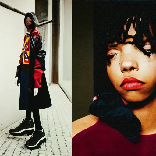 Image similar to realistic photoshooting for a new vetements lookbook, color film photography, photo of a woman, photo in style of tyler mitchell, 3 5 mm, featured on vogue