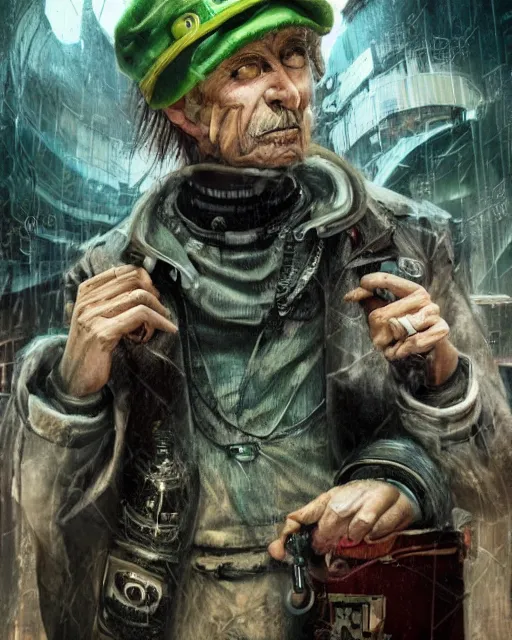 Image similar to an intimate portrait of a gnarly human cyberpunk captain, old skin, faded hat, charming, strong leader, green eyes, a look of cunning, detailed matte fantasy painting