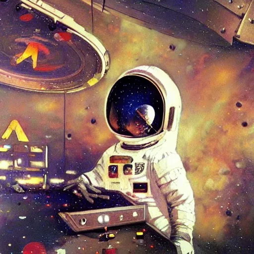 Prompt: baby astronaut doing maintenance in spaceship at space, graffiti painting by Craig Mullins