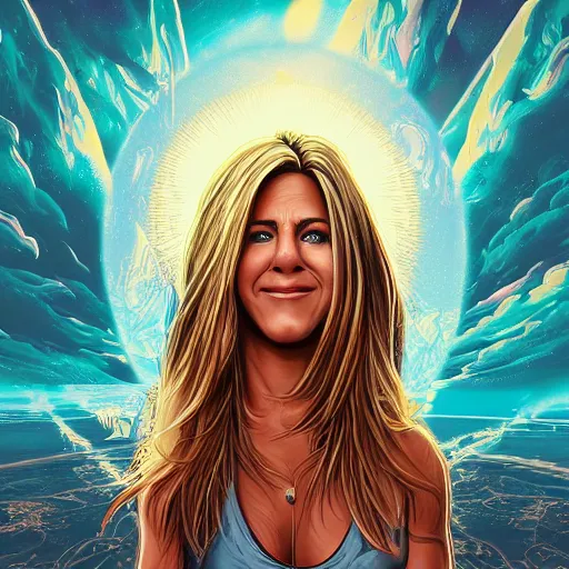 Prompt: the second coming of jennifer aniston, by dan mumford and ross tran, cosmic, heavenly, god rays, intricate detail, cinematic, 8 k, cel shaded, unreal engine, featured on artstation, pixiv