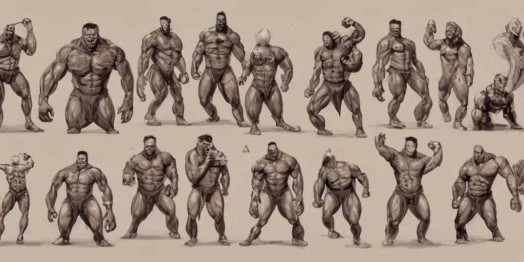 Image similar to muscleman, character sheet, concept design, contrast, kim jung gi, greg rutkowski, zabrocki, karlkka, jayison devadas, trending on artstation, 8 k, ultra wide angle, pincushion lens effect