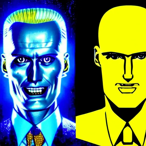 Prompt: uhd hyperrealistic photorealisitc detailed image of cosmic max headroom with sparking, busted, broken cybernetic implants, correct face, matt frewer as max headroom by ayami kojima, akira toriyama, and shonen jump.