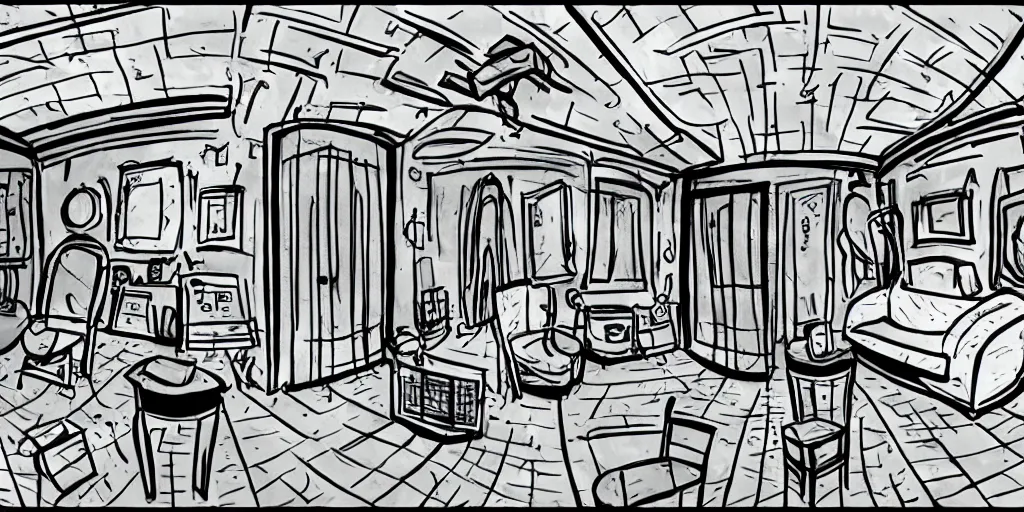 Image similar to a dimly lit, theater dressing room, with a mirror, a chair, a couch, day of the tentacle style, drawn by Peter Chan, fish eye