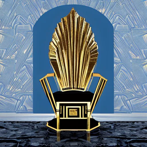 Prompt: golden chrome art deco throne in space