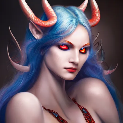 Image similar to perfectly - centered close - up face - portrait of a goddess with glowing red eyes and long blue hair and horns on her head, the perfect human female specimen, intricate, elegant, super highly detailed, professional digital painting, artstation, concept art, smooth, sharp focus, no blur, no dof, extreme illustration, unreal engine 5, 8 k, by anne stokes