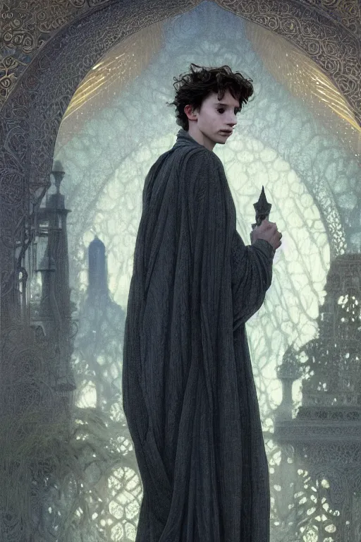 Image similar to portrait of timothee chalamet as dream of the endless, the sandman, grey clothes, in persian temple wet night, sci - fi and fantasy, intricate and very very beautiful and elegant, highly detailed, digital painting, artstation, concept art, smooth and sharp focus, illustration, art by tian zi and wlop and alphonse mucha