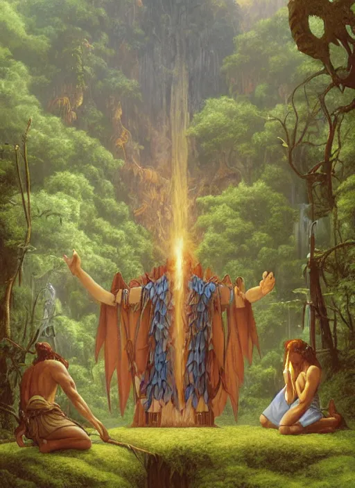 Image similar to ancestors protecting a shaman praying in the jungle, old faces in the clouds, art by christophe vacher