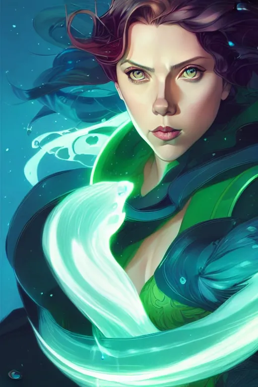 Image similar to style artgerm, joshua middleton, illustration, scarlett johansson as mage wearing green pelt light armor, anime eyes, blue hair, swirling water cosmos, fantasy, dnd, cinematic lighting