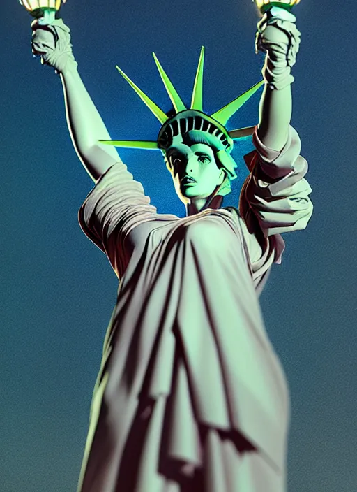 Prompt: julie strain is the statue of liberty, au naturel, hyper detailed, digital art, trending in artstation, cinematic lighting, studio quality, smooth render, unreal engine 5 rendered, octane rendered, art style by klimt and nixeu and ian sprigger and wlop and krenz cushart.