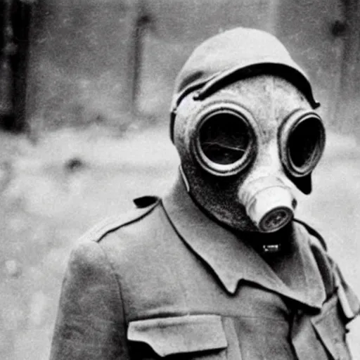 Image similar to police officer posing with gas mask during world war ii in istanbul, photo, realistic