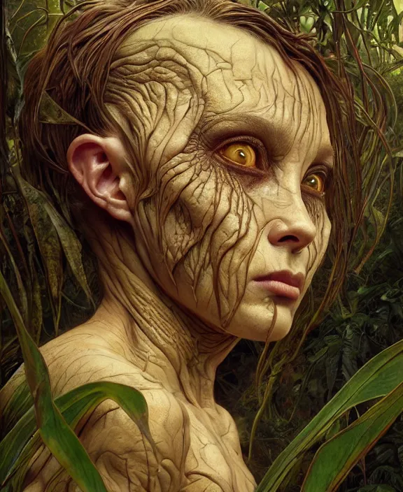 Image similar to intricate earth - toned portrait of a disturbing terrifying alien insect creature, mottling coloring, adorable, childlike, overgrown jungle environment, ultra realistic, concept art, art nouveau, photorealistic, octane render, 8 k, unreal engine. art by christopher marley and artgerm and greg rutkowski and alphonse mucha