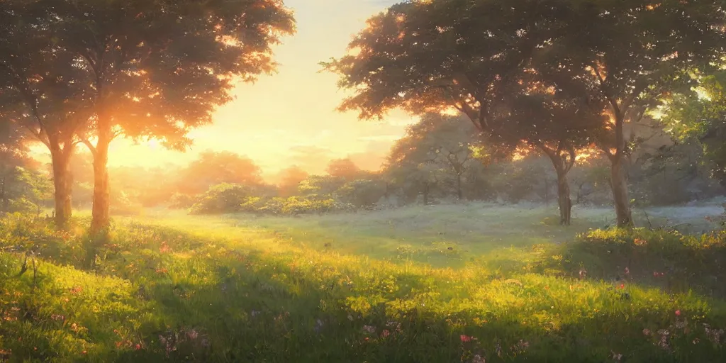 Prompt: an extraordinarily beautiful oil painting of a landscape in spring during sunrise ; lush vegetation ; the most beautiful painting in the world ; by makoto shinkai