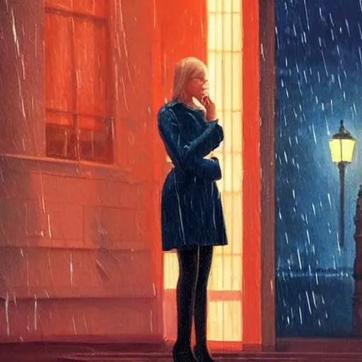 Prompt: Elle Fanning stalking her prey at night in the world of Edward Hopper and Bosch, stormy snowy weather, streetlights, extremely detailed masterpiece, oil on canvas, low-key neon lighting, artstation, Blade Runner 2049, Roger Deakin’s cinematography, by J. C. Leyendecker and Peter Paul Rubens,