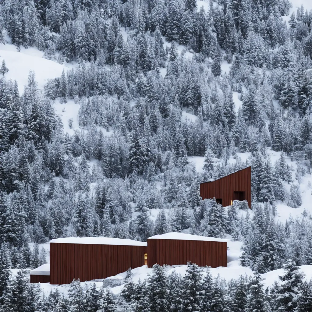 Prompt: “Hyper realistic, corten Steel cabin in mountain covers by snow, Mornin light, Future design, architecture design, foggy, environment, Cinematography, mega scans, sloped site, cinematic, hyper realistic, photo real, cinematic composition, highly detailed, vray, 8k render”