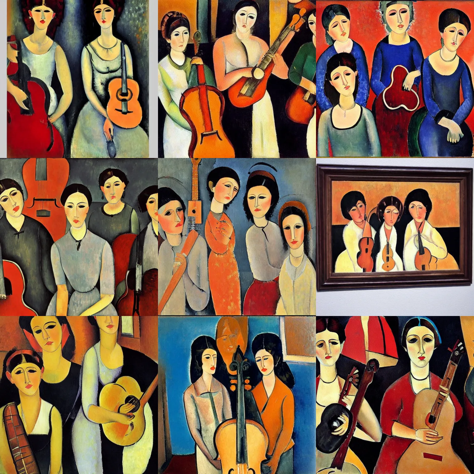 Prompt: group of female musicians, modigliani painting style