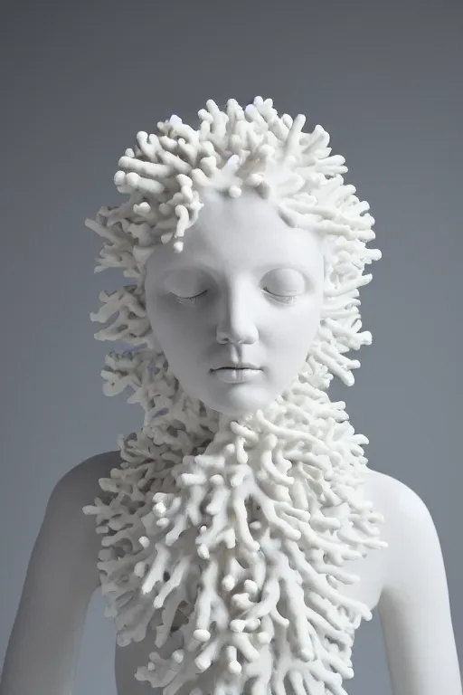 Prompt: full head and shoulders, beautiful female white, porcelain sculpture, with complex colourful plastic coral sea anemones on her head by daniel arsham and james jean, on a white background, delicate facial features, white eyes, white lashes