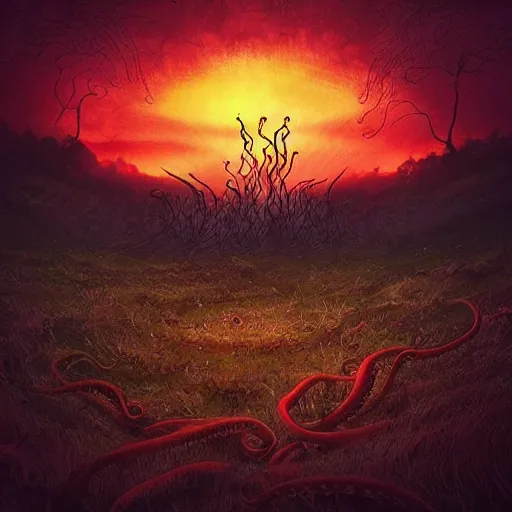 Prompt: “a field with tentacles growing from the ground instead of grass, eerie, creepy, fire and flames and a red sky in the background, anime style, trending on artstation”