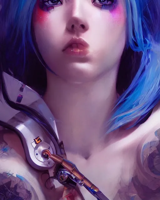 Image similar to stunningly beautiful female dj, blue hair, dj sura, dragon tattoo on her back, laser lights, sharp focus, digital painting, 8 k, concept art, art by wlop, artgerm, greg rutkowski and alphonse mucha