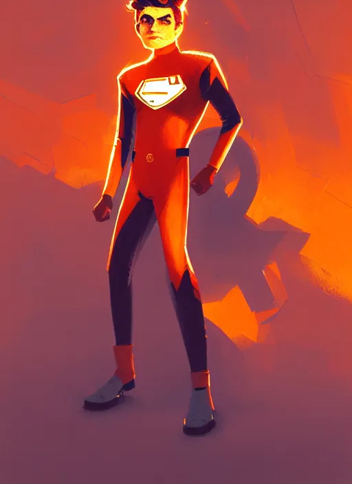 Image similar to teenage archie andrews wearing an orange superhero costume, intricate, elegant, glowing lights, highly detailed, digital painting, artstation, sharp focus, illustration, art by wlop, mars ravelo and greg rutkowski