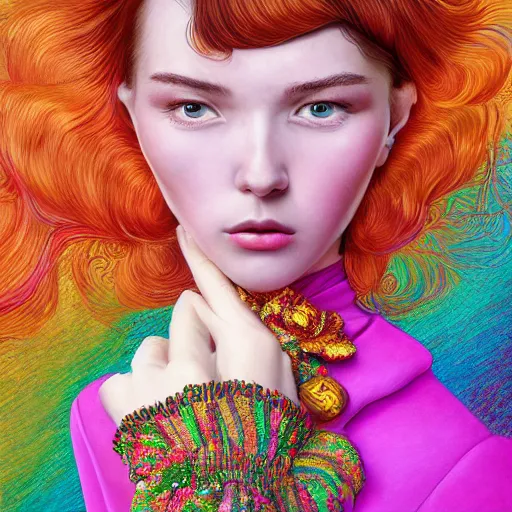 Prompt: stunningly beautiful young woman with high cheekbones looks at the camera, portrait shot in highly detailed gucci dress ( no gucci logo ) bright pop colors ultra realistic digital painting, rococo, japonisme, artstation, concept art, pop, smooth, sharp focus, illustration, art by klimt, lisa frank and mark ryden