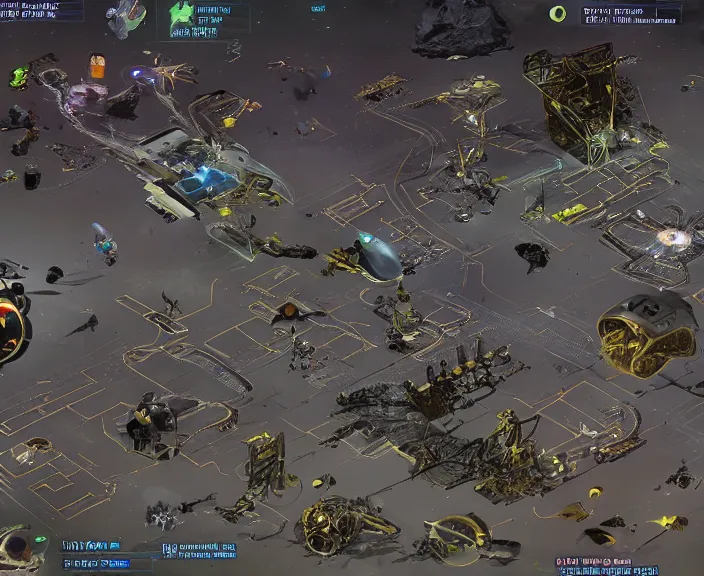 Image similar to a space junkyard forming a tilted disk in black starless space, a graveyard of space stations and giant space structures, dark sci - fi game map with solid black background, everything fits on the screen