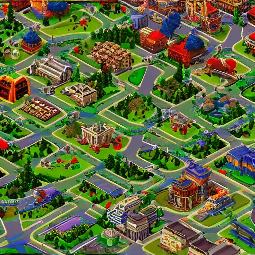 Prompt: Simcity map with warcraft 2 buildings isometric