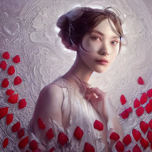 Image similar to the portrait of an absurdly beautiful, graceful, elegant, sophisticated, fashionable young woman made of strawberries and white petals looking down, an ultrafine hyperdetailed illustration by kim jung gi, irakli nadar, intricate linework, bright colors, octopath traveler, final fantasy, unreal engine 5 highly rendered, global illumination, radiant light, detailed and intricate environment