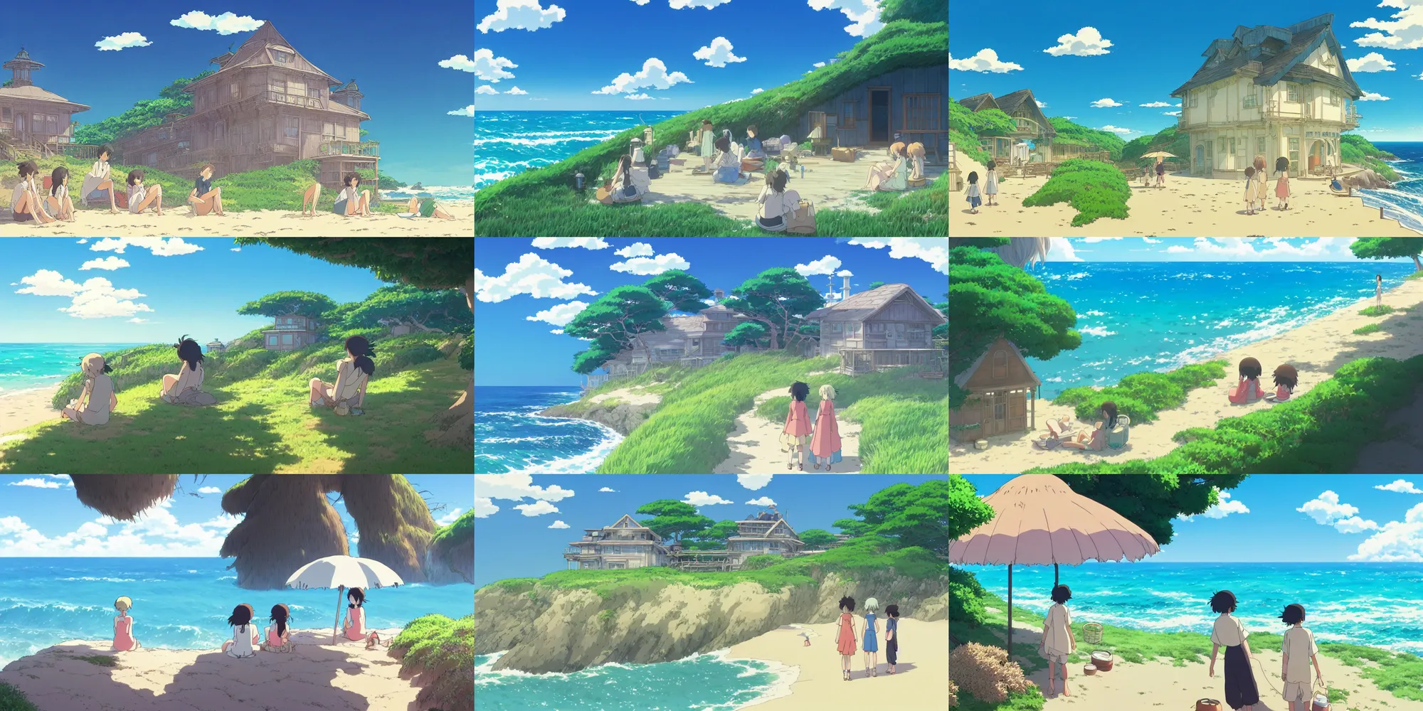 Prompt: atmospheric magical storybook illustration by studio ghibli of a beach house on a sunny summer's day, by the ocean, in the anime film by Makoto Shinkai