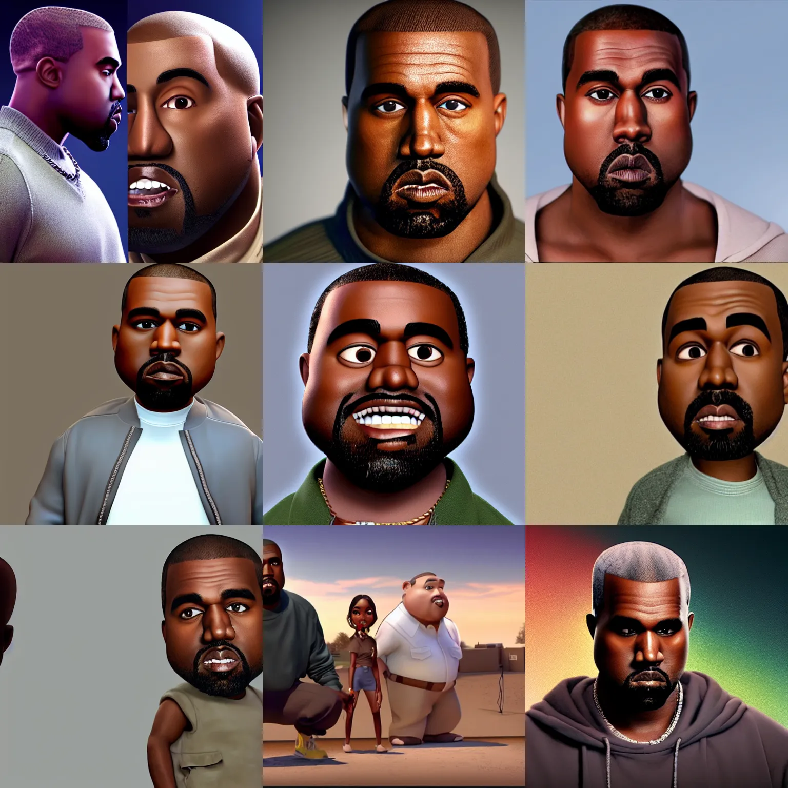 Image similar to a still of kanye west in a pixar movie. 3 d rendering. unreal engine. amazing likeness. very detailed. cartoon caricature.