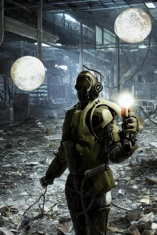 Prompt: a stalker in an exoskeleton with a detector in his hand from the game s.t.a.l.k.e.r stands next to a large translucent luminous sphere in an abandoned factory, realistic art