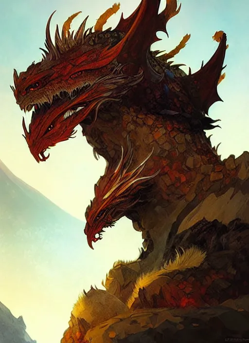 Image similar to ''face portrait furry handsome dragon, volcano landscape, fantasy, d & d, sharp focus, digital painting, art by greg rutkowski and alphonse mucha''
