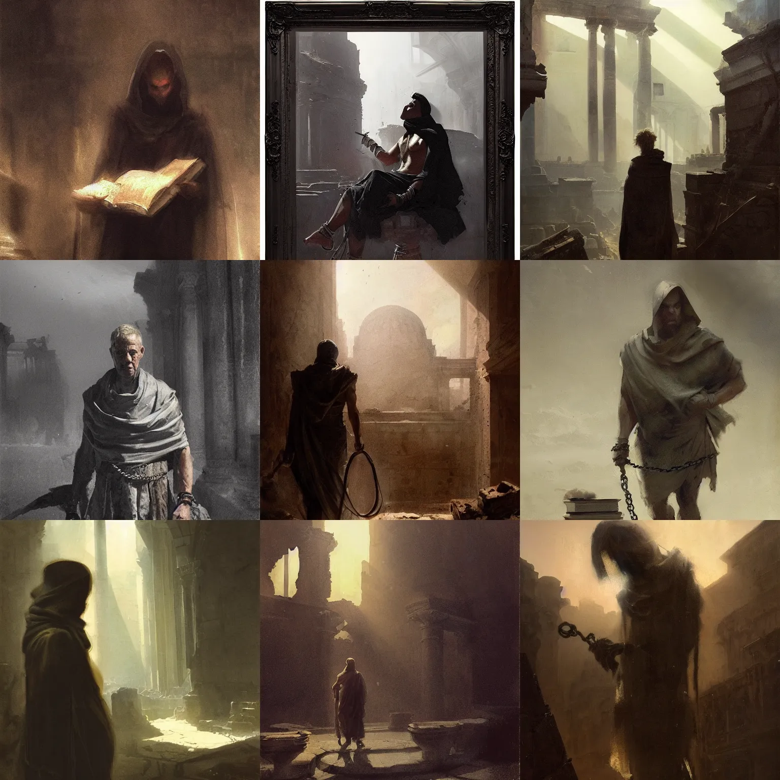 Prompt: portait of magican wearing a closed cerimonial cowl, big old book!! chained to the wrist, by jeremy mann, by tiepolo, mike mignola, by greg rutkowski, face in the shadows, ( ( ruins of ancient rome ) ), at dusk, mysterious atmosphere, sunrays, high detailed, 8 k