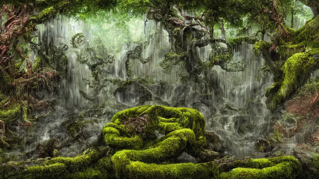 Prompt: waterfall, moss, gnarly monolith with snakes and symbols on a tomb, rain and lightning, digital painting, sharp, digital art by James Zapata and Jana Schirmer and Brad Rigney and Andres Rios