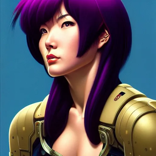 Image similar to head and shoulders portrait of Motoko Kusanagi, Starcraft illustration, medium shot, intricate, elegant, highly detailed, digital art, ffffound, art by gil elvgren and JC Leyendecker and sachin teng