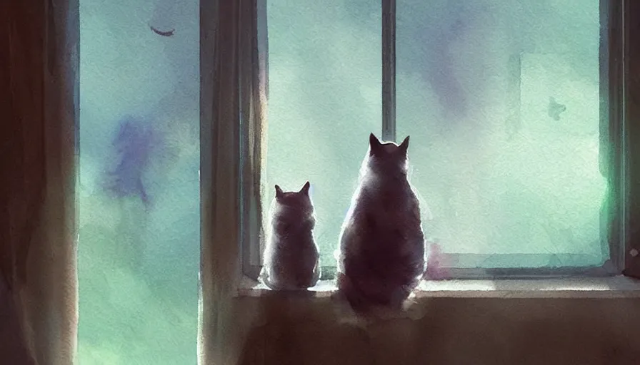 Prompt: watercolor illustration style, cute cats looking out the window, dreamy aesthetic, misty, trending on artstation, vivid colors, 8 k, filip hodas, jeremy mann