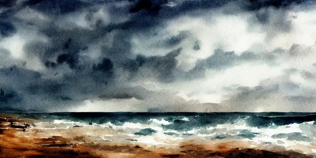 Image similar to stormy sea and dramatic sky, watercolor, artstation, realistic, moody