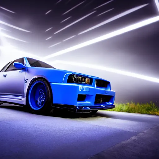 Image similar to electric blue R34 skyline, photography, 4k, volumetric lighting