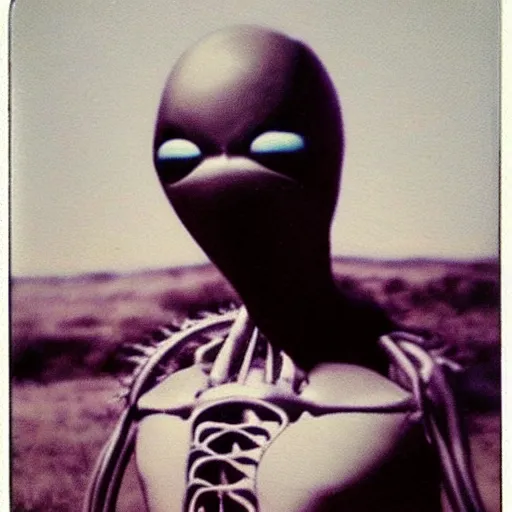 Image similar to polaroid of an alien, creepy, realistic,