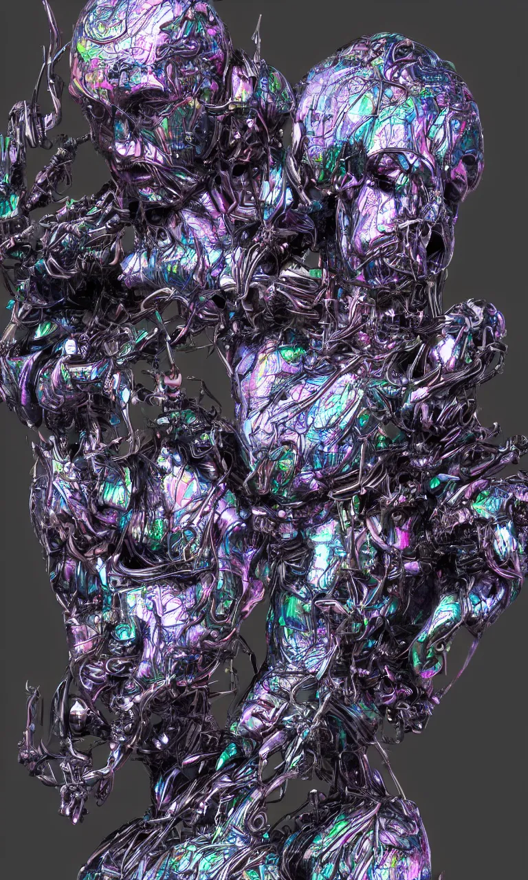 Prompt: crazy sentient humanoid with iridescent chrome like skin, unsettling, uncanny valley, bizarre, insane, vivid and vibrant, hyper detailed, hyper realistic, digital art, 8k,