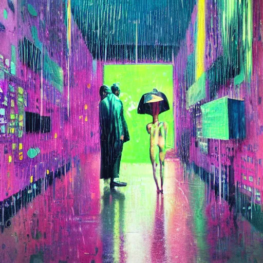 Image similar to rain like a dream, oil painting, cyberpunk, basquiat + francis bacon + gustav klimt + beeple, elevated street art, fantasy lut, textural, pink, blue, purple, green,