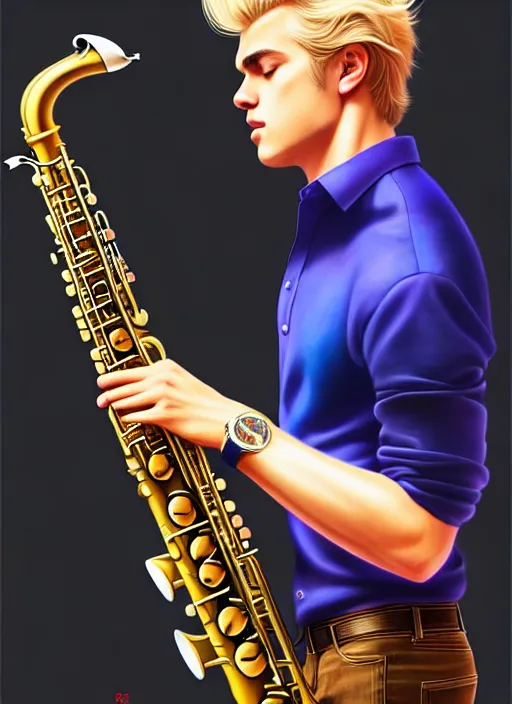 Image similar to photo of a gorgeous young blond man playing sax in the style of stefan kostic, realistic, sharp focus, 8k high definition, insanely detailed, intricate, elegant, art by stanley lau and artgerm