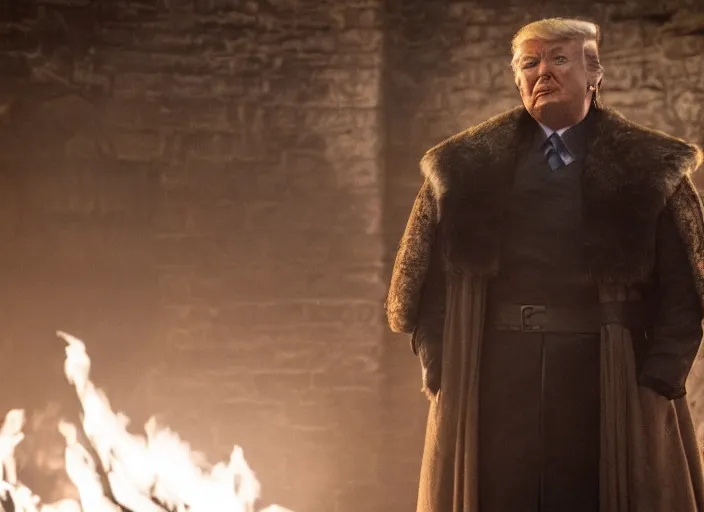 Prompt: donald trump in game of thrones as a merchant movie still, cinematic lighting, ray tracing, octane render, long lens, shallow depth of field, bokeh, anamorphic lens flare, 8 k, hyper detailed, 3 5 mm film grain