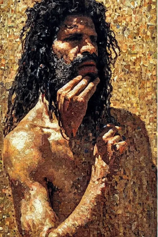 Image similar to highly detailed palette knife oil painting of a historically accurate depiction of the ancient biblical egyptian prince moses, thoughtful, by Peter Lindbergh, impressionistic brush strokes, painterly brushwork