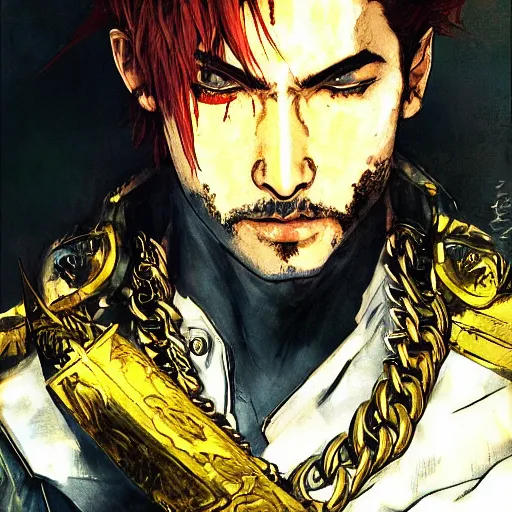 Image similar to portrait of a hero holding his sword in front of his face by yoji shinkawa, high quality, extra details, realism, ornate, colored, golden chain, blood, white skin, short hair, brown eyes, vivid, sunlight, dynamic,