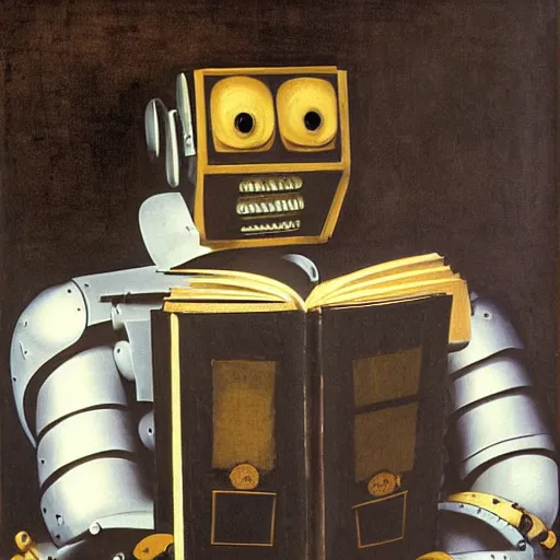 Image similar to a robot reading a book by caravaggio