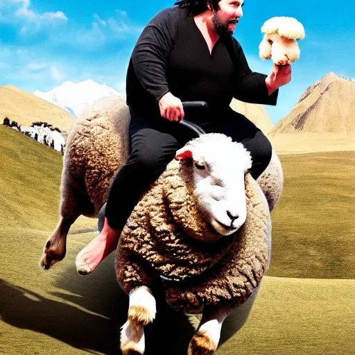 Image similar to morbidly obese keanu reeves riding a sheep, photo, detailed, 4 k